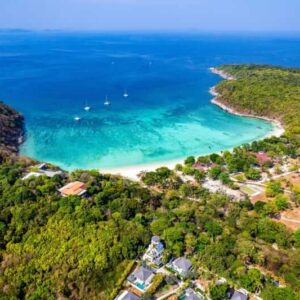 An aerial view from land looking out across Koh Racha Yai